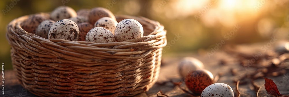 Poster warm light illuminating a wicker basket filled with speckled eggs in a tranquil outdoor setting duri