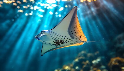 Oceanic ray swims in sunlit water