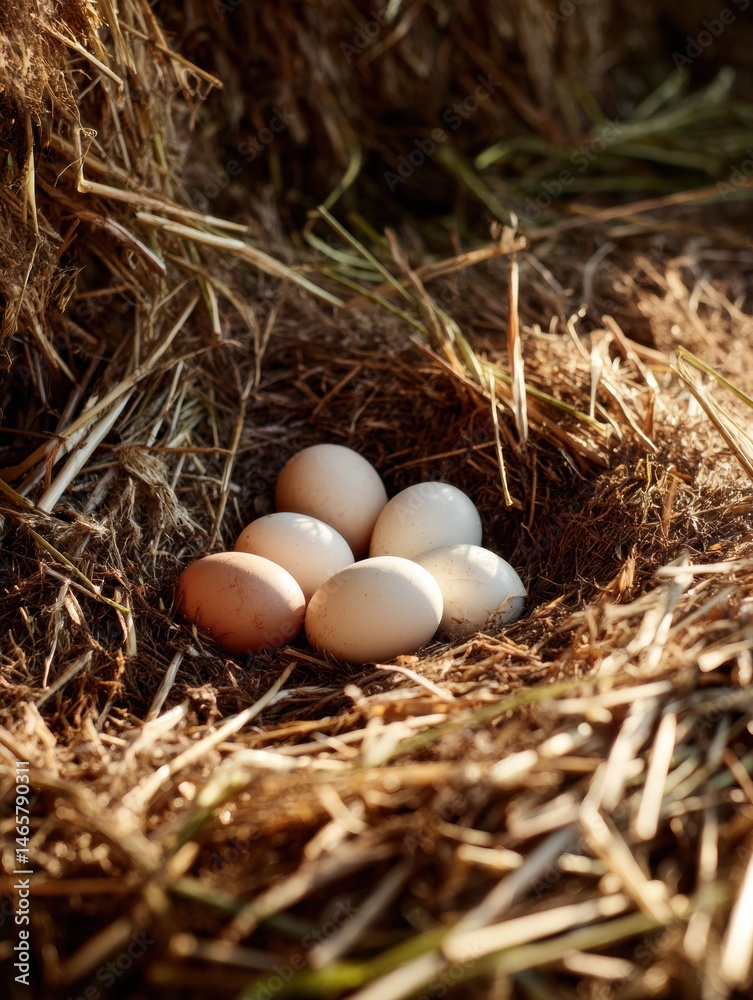 Poster Nest of Eggs Partially Hidden in a Pile of Hay Illuminated by Soft Natural Lighting During a Warm Morning Generative AI