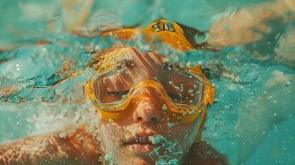 Underwater Portrait of Swimmer in Yellow Goggles with Eyes Closed

