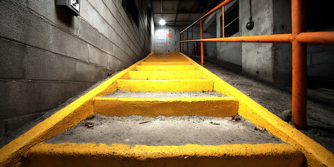 a photograph looking down a dark staircase with bright yellow edges, emphasizing the depth and the journey downwards. the long descent.
