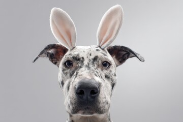 A Dalmatian wearing plush bunny ears against gray.