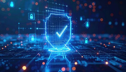 Futuristic digital security shield with check mark symbol representing cybersecurity protection in a high-tech glowing network environment