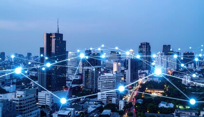 Modern cityscape with connected digital network overlay representing smart technology infrastructure and urban connectivity in a bustling metropolitan environment
