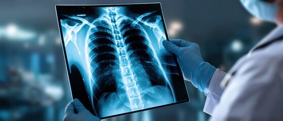 Doctor examining chest X-ray in hospital.