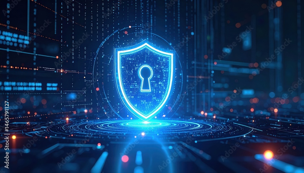 Poster futuristic digital security shield with lock icon glowing in a data network with binary code and hol