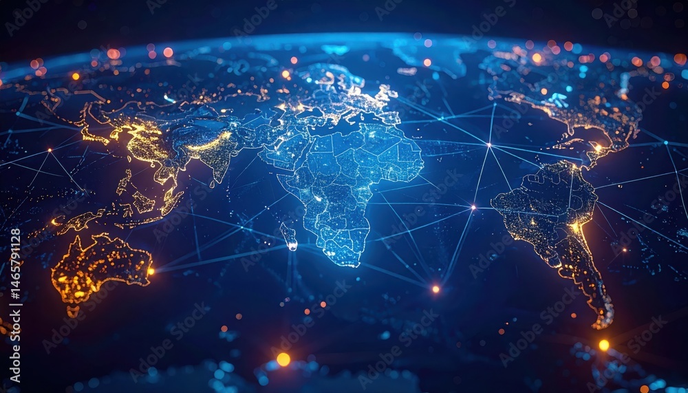 Poster global digital connectivity network map of the world with illuminated continents and interconnected 