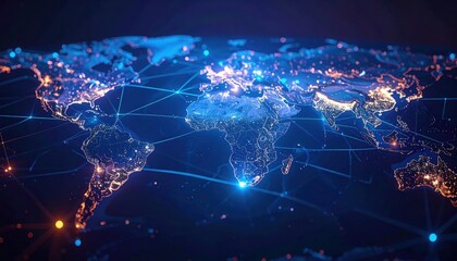 Global digital connectivity map illustrating world infrastructure with bright network lines and illuminated continents in a high-tech futuristic style