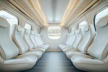 Fototapeta premium Modern train interior with rows of pristine white leather seats, offering a luxurious and comfortable passenger experience.