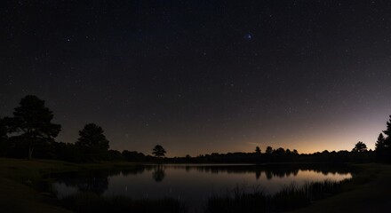 Naklejka premium Starry Night Sky Reflecting Over Still Lake with Trees