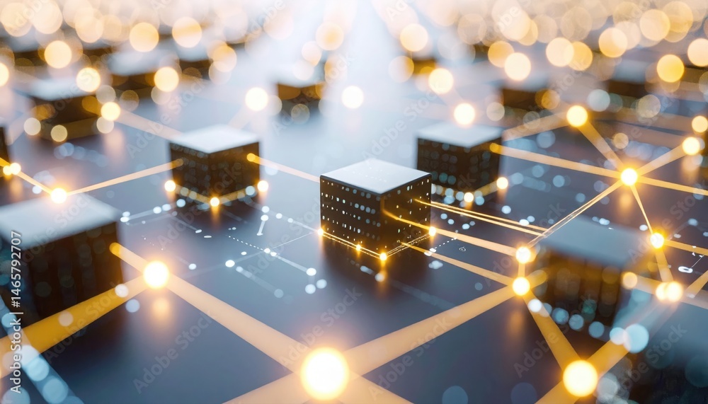 Poster advanced digital blockchain network with interconnected glowing cubes representing data transfer, cy