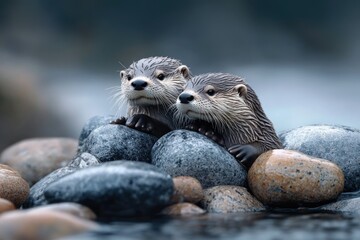 Naklejka premium Two adorable otters peek from behind smooth river rocks, their wet fur glistening.