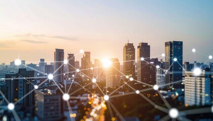 Fototapeta premium Modern city skyline at sunrise with interconnected glowing digital network overlay illustrating technology connectivity and urban innovation in a vibrant metropolitan setting