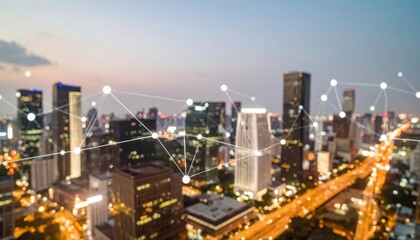 Obraz premium Modern cityscape at dusk with illuminated skyscrapers and streets, featu a digital overlay of interconnected nodes and lines representing technology and connectivity