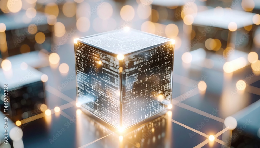 Poster a futuristic illuminated glass cube with complex digital circuitry patterns glowing on its surface, 