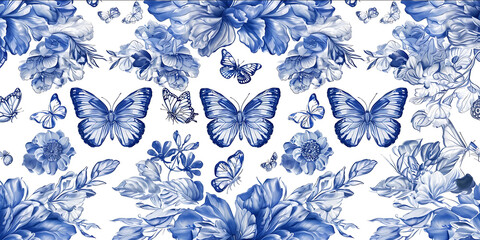 Dior style pattern pure blue sketch style hand drawn butterflies flowers