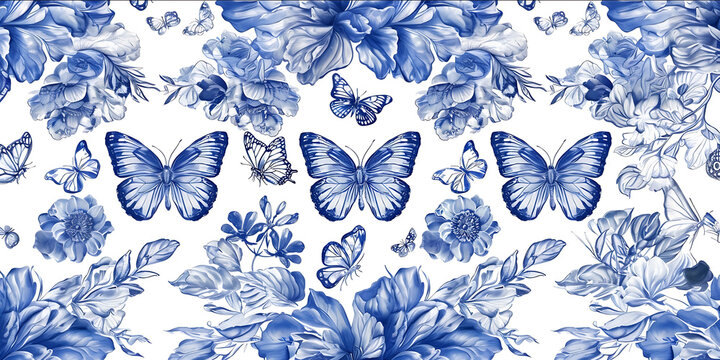 Dior style pattern pure blue sketch style hand drawn butterflies flowers