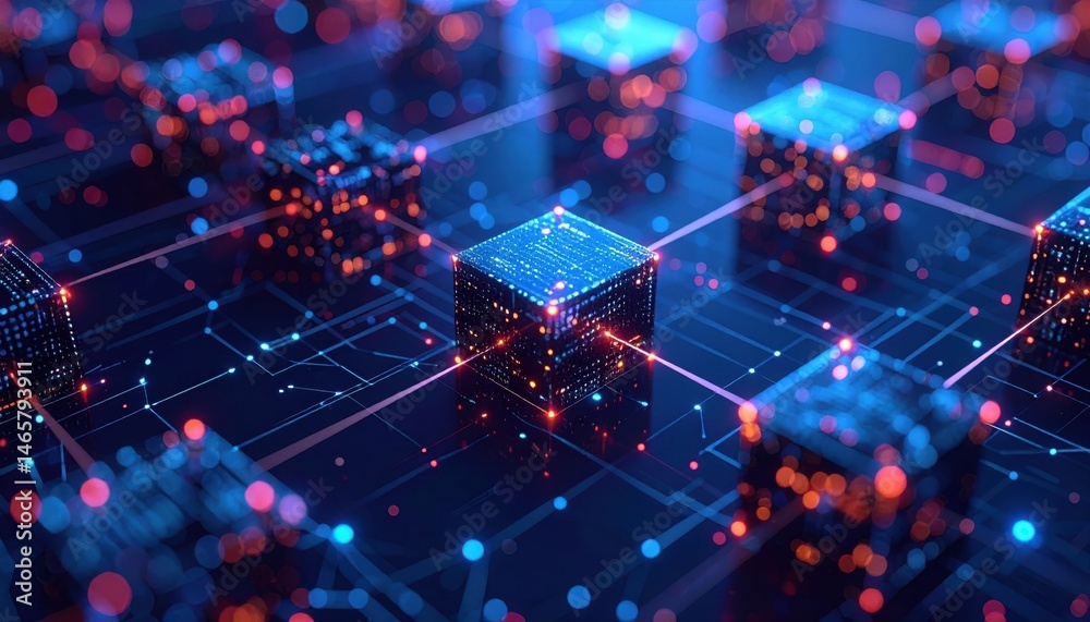 Poster highly detailed futuristic digital technology network with glowing interconnected blocks and data po