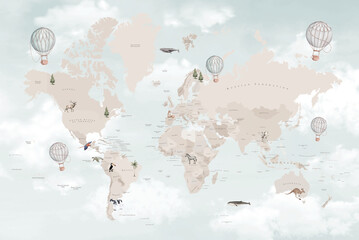 Soft Pastel World Map Illustration with Hot Air Balloons, Gentle Travel and Adventure Design for Prints © csinie1