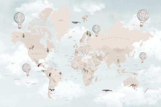 Fototapeta Soft Pastel World Map Illustration with Hot Air Balloons, Gentle Travel and Adventure Design for Prints