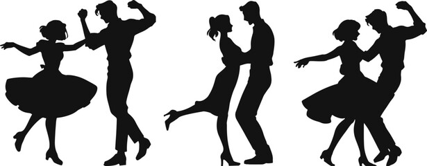 Silhouettes of dancing couples in various elegant poses