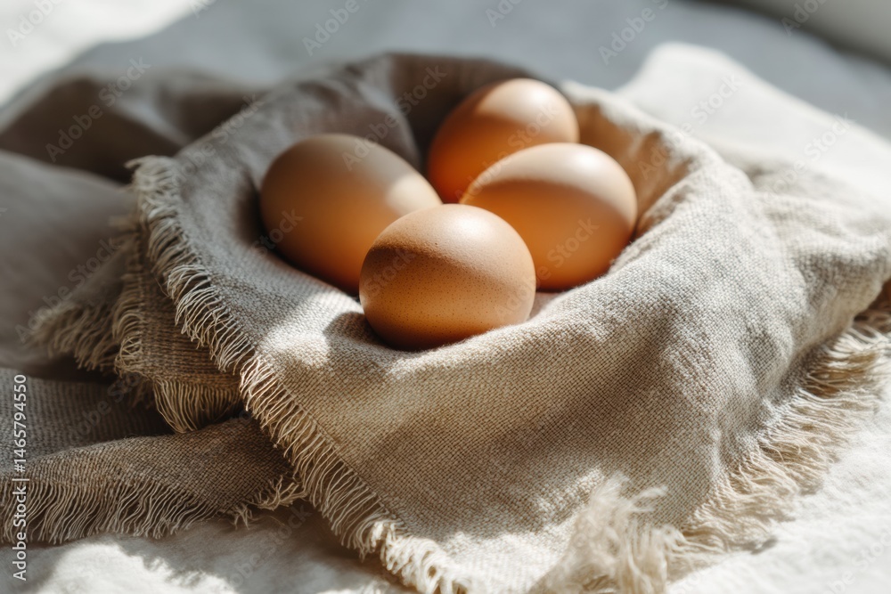 Poster soft light highlights fresh eggs in a linen towel creating a cozy country kitchen atmosphere generat