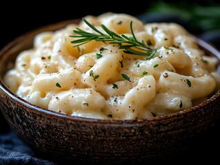 Creamy pasta in bowl, herbs garnish