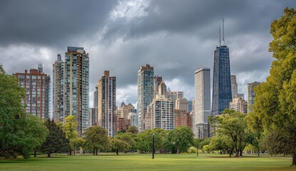 Dramatic skyline view of a modern city under cloudy skies.