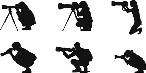 Silhouettes of photographers in various poses with professional cameras and tripods