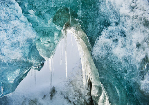 close up of icicles forming around the exterior of the. Morteratsch Glacier Ice Caves, Switzerland, Europe 