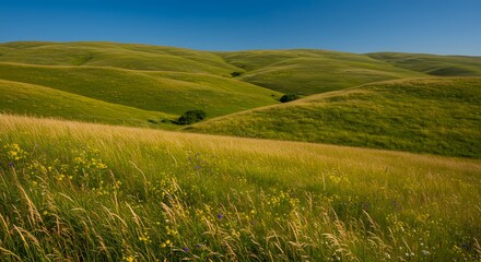 Fototapeta premium Rolling Green Hills Landscape with Wildflowers and Blue Sky