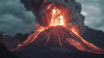Dramatic volcanic eruption against a stormy sky displaying nature's awesome power