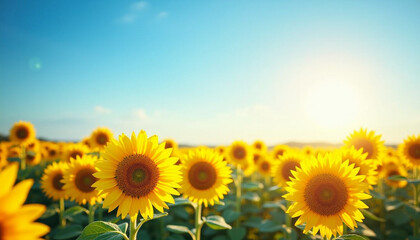 Obraz premium Vibrant Sunflower Field Under Clear Blue Summer Sky