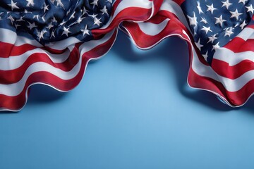 Ruffled American flag over blue background.
