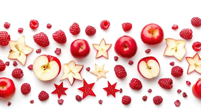 Red fruits and apple slices arranged on white background