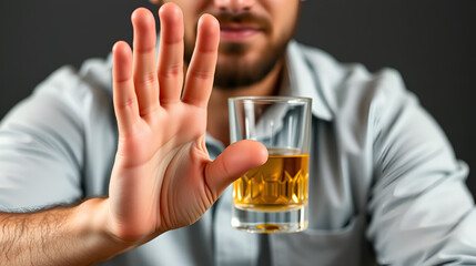 man refuses say no and avoid to drink an alcohol whiskey , stopping hand sign male, alcoholism treatment, alcohol addiction, quit booze, Stop Drinking Alcohol. Refuse Glass liquor, unhealthy, reject