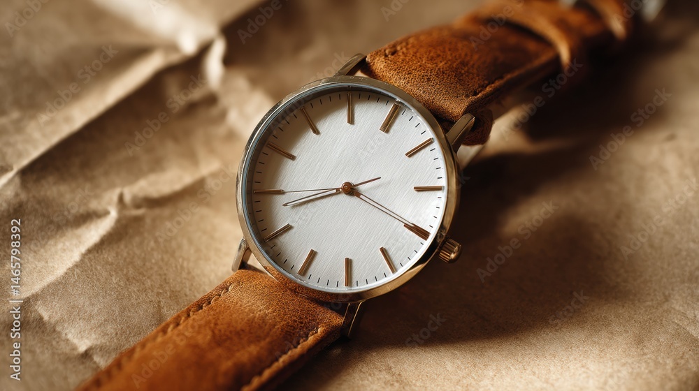 Aufkleber Elegant Watch With Leather Strap Rests on Textured Paper With a Soft, Natural Tone in a Simple yet Classy Presentation Generative AI