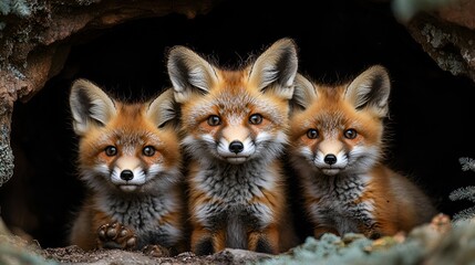 Obraz premium Three red fox kits peering from their den.