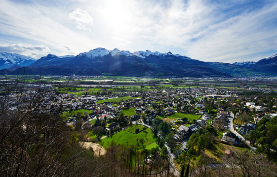 The town of Liechtenstein with mountains in the background, Liechtenstein, Europe