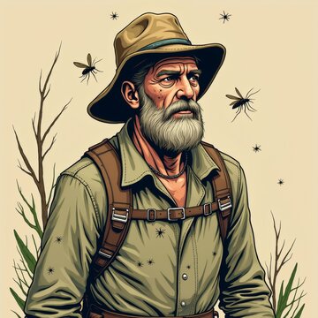 illustration old man long white beard mustache wearing beige hat green jacket brown straps buckles has serious expression his face looking off side background several flies flying around him man