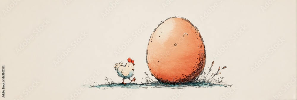 Fototapete whimsical sketch of a chicken playfully interacting with a large egg on a soft pastel background gen