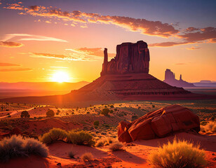 Desert landscape at sunset with rock formations and vibrant sky, evoking sense of tranquility and beauty