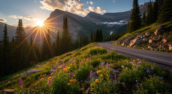 Mountain Road at Sunset with Wildflowers and Sunburst - Powered by Adobe