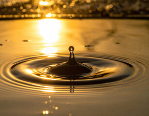Water drop creates ripples in serene setting, reflecting golden light at sunset, evoking sense of tranquility and beauty