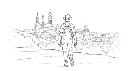 Obraz premium Detailed Continuous Line Art Vector of Man Walking in Tourist Place