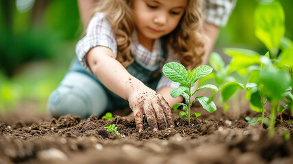 Family planting tree on Arbor day in spring. Generative AI.