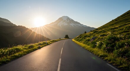 Driving Towards Mountain at Sunrise on Scenic Road