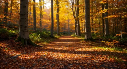 Walking Path Through Forest in Autumn with Golden Leaves