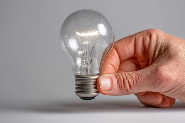 Hand holding a clear lightbulb on a gray background.