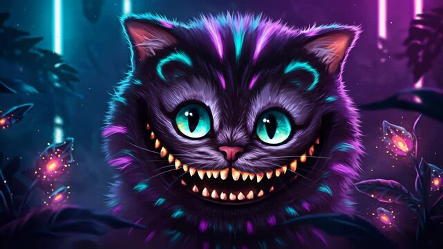 Cheshire Cat's mischievous grin glows in a whimsical fantasy world of mystery and charm